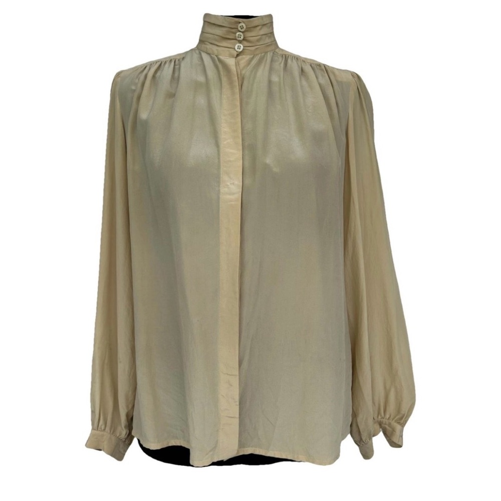 Vintage Francesca Of Damon For Starington Beige Silk Blouse, High Neck Size US 8